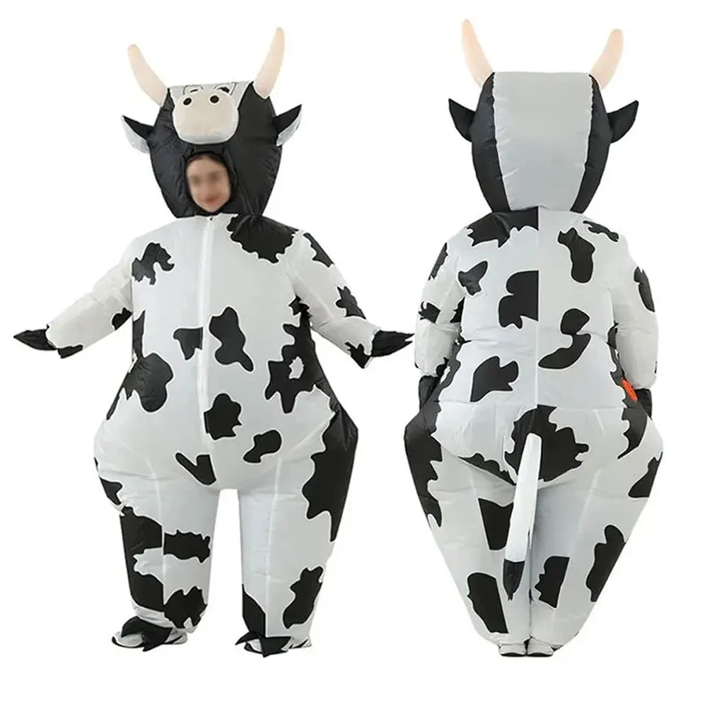 

Halloween Dairy Cow Inflatable Costume Milk Cow Blow Up Suit Party Game Cosplay White Costume Jumpsuit Christmas No Battery