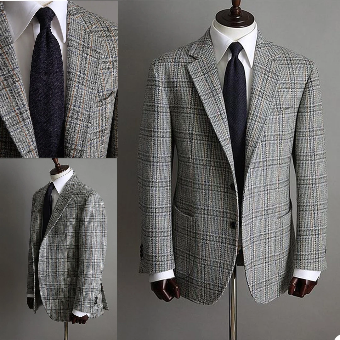 

Checked Men's Tweed Tuxedo Suits 2 Pcs Plus Size Customized Winter Groom Suits Formal Wear Prom Party Show Warm Suits