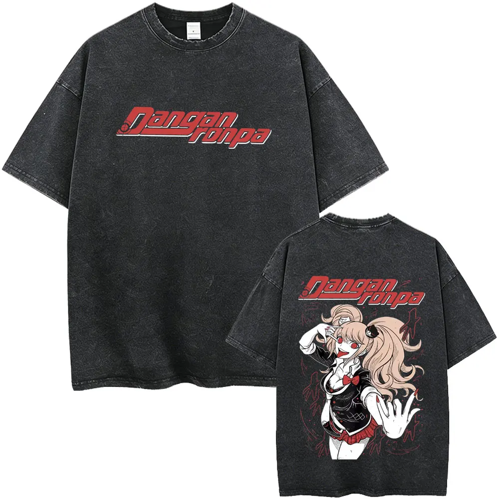 Washed Vintage Anime Danganronpa Enoshima Junko Graphic T-shirt Men Women Casual Oversized Short Sleeve T Shirts Streetwear Tops