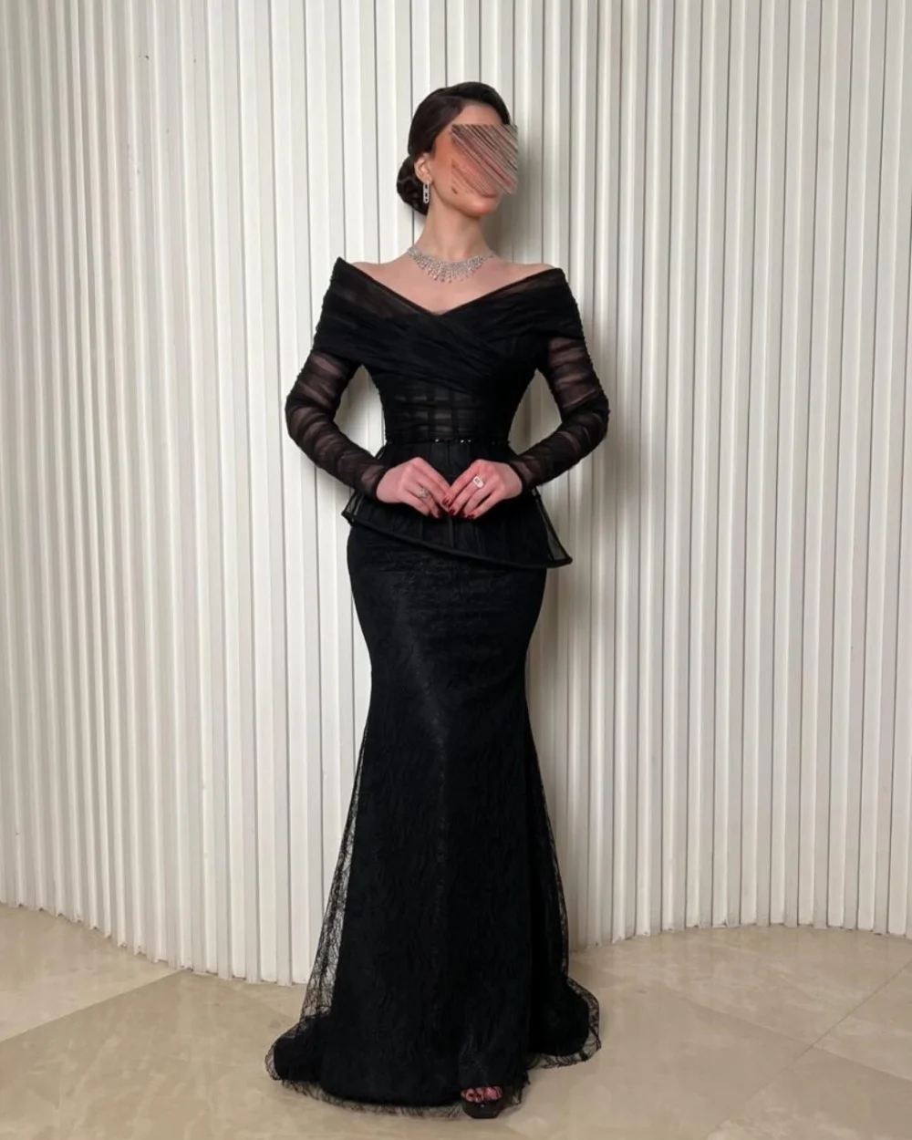 

Customized Modest Fashion Tulle Pleat Sash Ruched Lace Mermaid Off-the-shoulder Long Dresses Evening Dresses for Woman