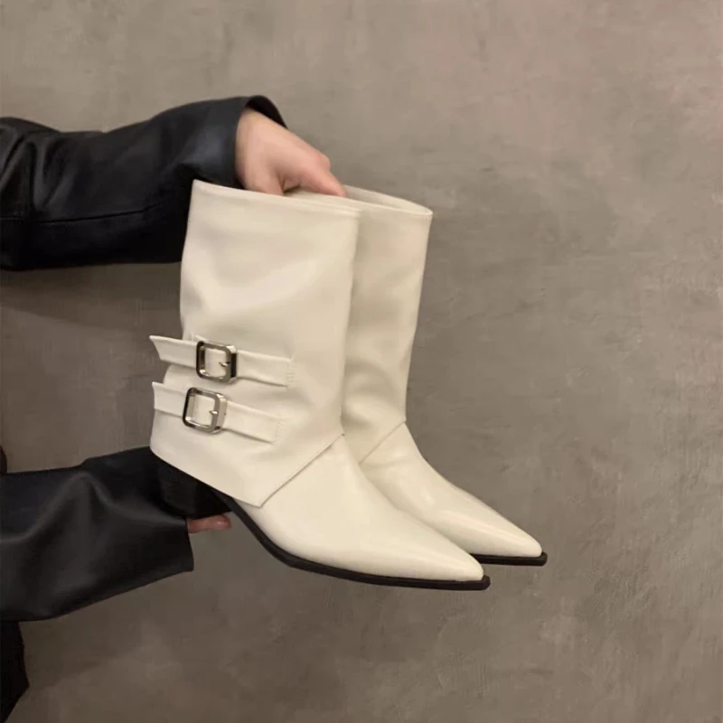 

Женские ботинки с острым носком, модные удобные женские вечерние ботинки на низком каблуке, повседневные универсальные женские ботинки до середины икры, универсальные для подиума
