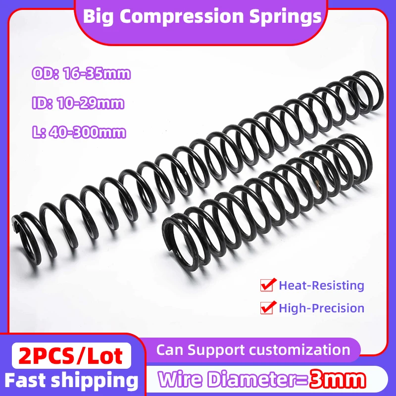 Creamily 2PCS/Lot Compression Spring 65Mn Spring Steel Return Compression Springs Wire Diameter=3mm OD=16-35mm Length=40-300mm