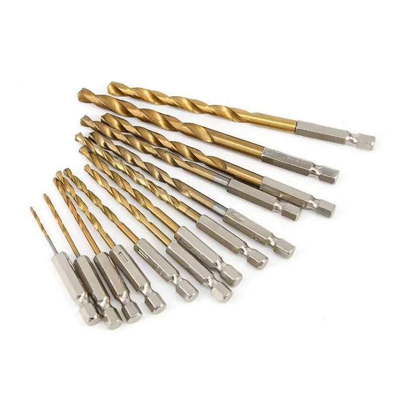 

13pcs HSS High Speed Steel Titanium Coated Drill Bit Set 1/4 Hex Shank 1.5mm-6.5mm Hexagonal Handle Twist Drill