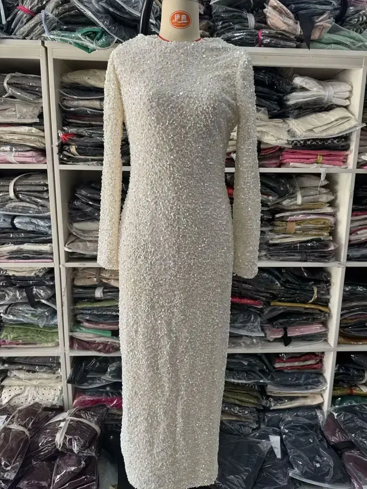HH Autumn Party Dress Woman 2024 Trendy Solid O-Neck Long Sleeve Sequins Decorate Zipper Female High Street Long Dresses - Image 5