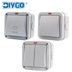 IP66 Home Garden Waterproof Switch Outdoor Dust-proof Wall Switch 1/2 Gang Push Button Power Switch 20A Self-reset switch DIY GO