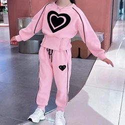 Autumn Girls' Clothing Sets Spring 2023 New Big Children's Love Round Neck Fashion Sweater+Leisure Pants Baby Kids Sports Suits