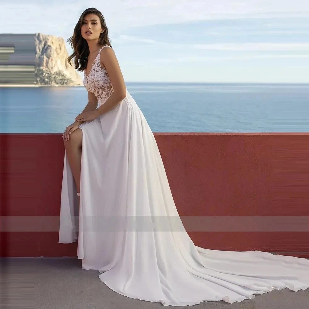 Elegante Brautkleider einfache Brautkleider Spitzen applikationen sexy Roben für formelle Party ärmellose rücken freie Vestidos de Novia