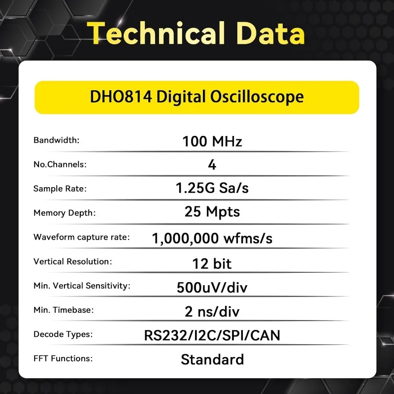 Oscilloscope numérique DHO814, bande de fréquence 100MHz + résolution verticale 12 bits + taux d'échantillonnage Maximum 1,25 GSa/s + 1000,000 wfms