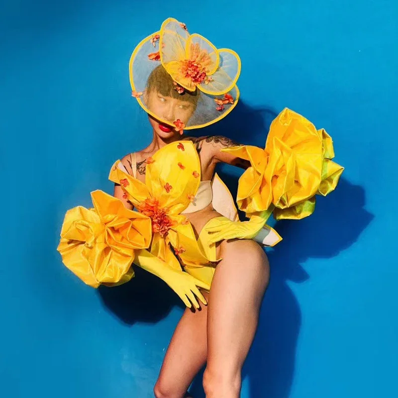 Costume da ballo sexy da palcoscenico da discoteca Guanti da body con fiori grandi Vestito da ballo Spettacolo di feste Cantante Ballerino Festival Abbigliamento XS2708