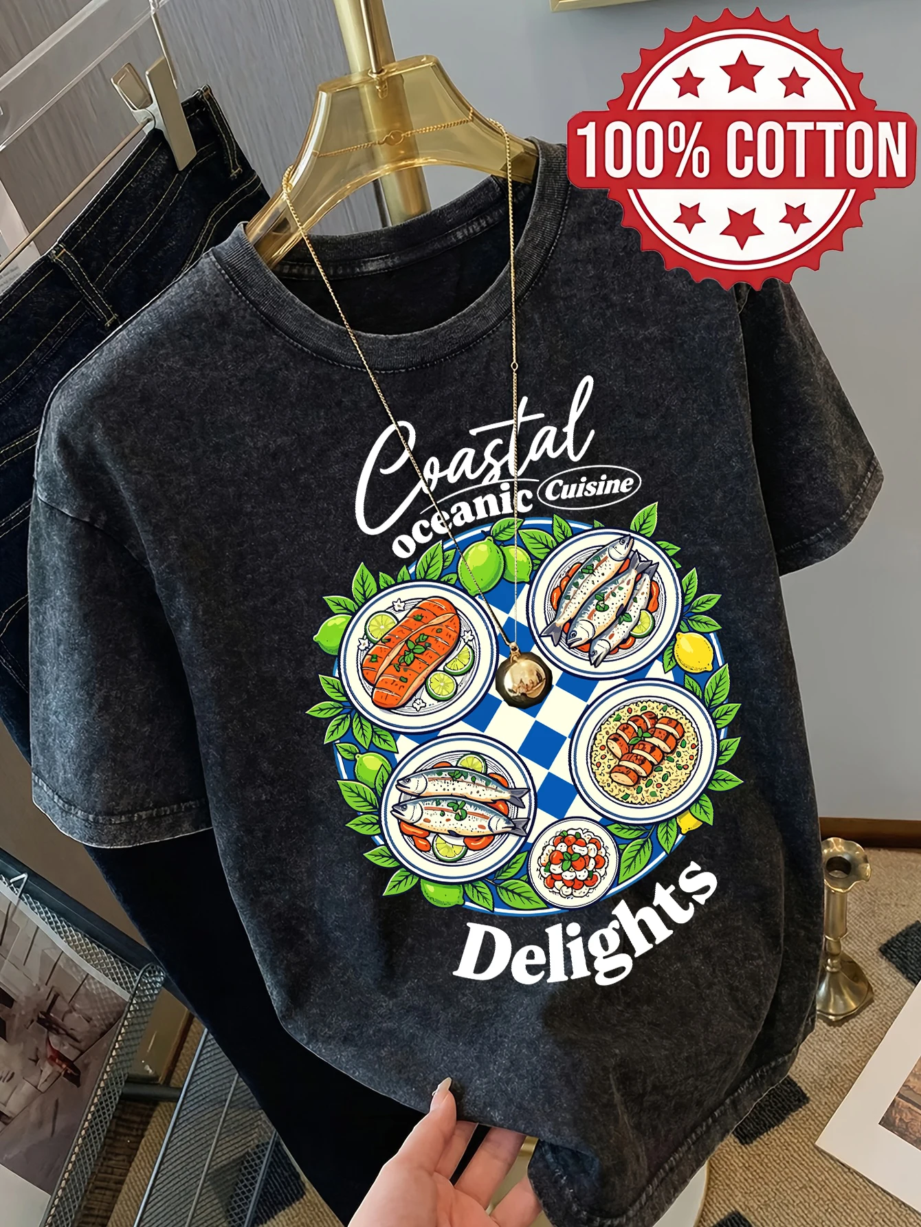 Coastal Delights Seafood Platter Print Women'S Washed T-Shirt Summer T Shirt Casual Loose Short Sleeves Cotton Sportswear