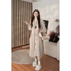 Spring Autumn New Dress Set Women V-neck Solid Color Button Patchwork Casual Vestidos Elegant Casual Loose All-match Cardigan