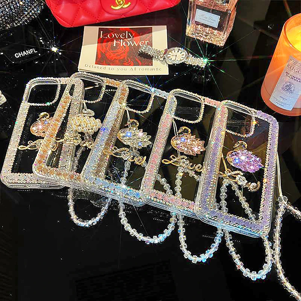 Glitter Clear Phone Case 3D Rhinestone Color Swan Crystal Rose Chain Diamond Cover for iPhone 15 14 13 12 11 Pro Max 7 8 Plus