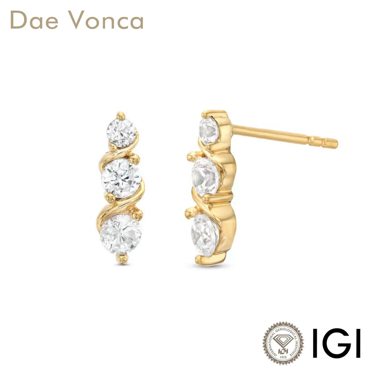 

Three Stone Drop Earrings In 14K Gold Graduated Round Lab Grown Diamonds Swirled Ribbons Diamond Stud Earrings For Girlfriend