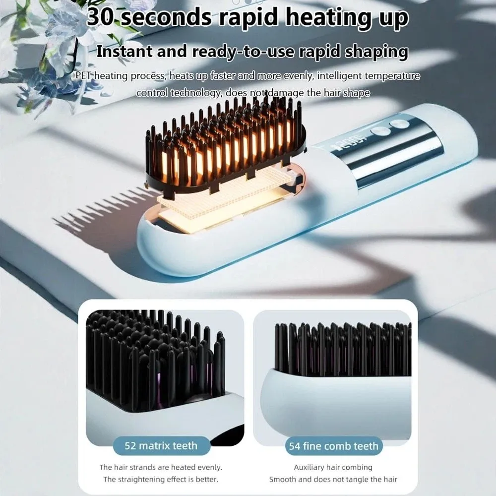 

3 Heat Settings Straightening Brush Ionic & Ceramic Care 30s Fast Heat Straight Hair Comb Cold Air Mode 2600mAh Rechargeable