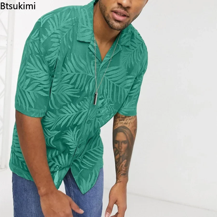 2025 moda nueva camisa informal holgada con estampado de hojas para hombre, cárdigan de manga corta con botones, Tops, ropa de calle de tendencia para hombre