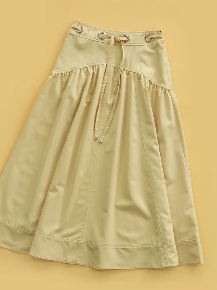Yellow Mid-Length A-Line Skirt Spring Summer Belted Decorative Versatile Women's High Waist Cotton Half Body Skirt