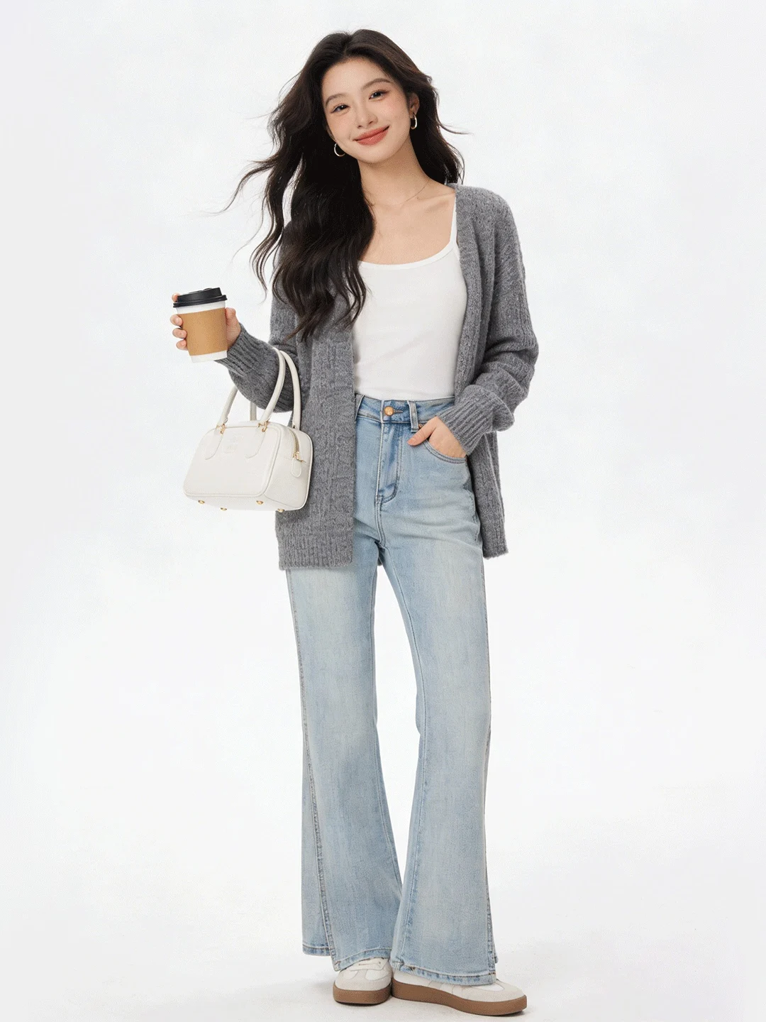 

Slimming High Waist Bell Bot Denim Jeans Women's Faion Spring Design Waed out Trendy Korean Sle Straight Leg Pants
