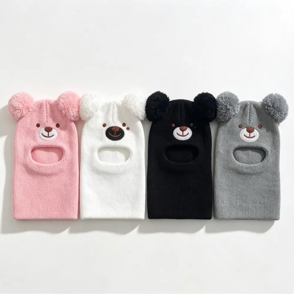 Cartoon Bear Kids One-Piece Knitted Hats Face Opening Windproof Bear Headscarves Double Pom Poms Full Coverage Kids Winter Hat