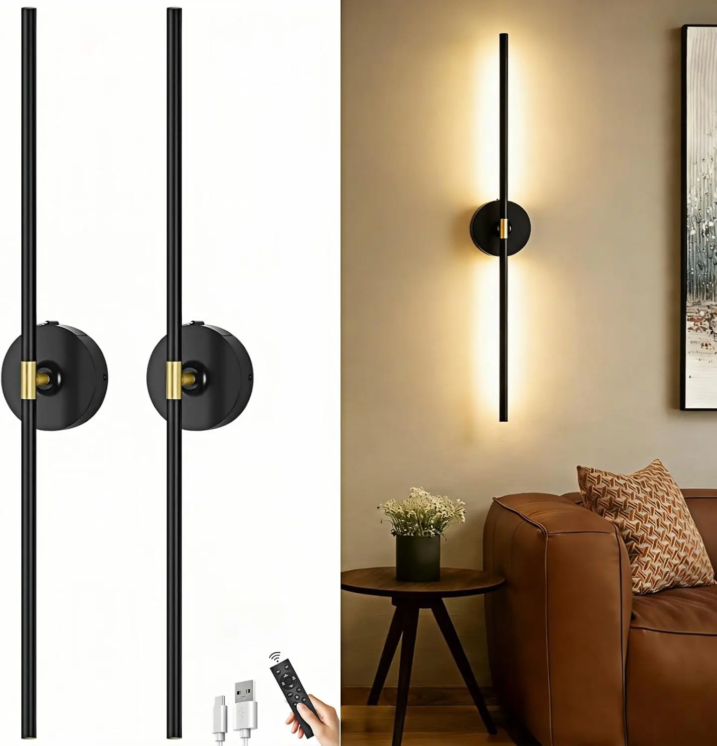 

10000mAh Rechargeable Wall Sconce Set of 2: Wireless, Touch & Remote, 360° Rotate, 31.5in, Black