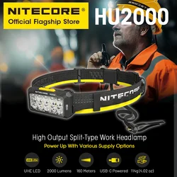 NITECORE HU2000 Высокопроизводительный рабочий налобный фонарь разделенного типа 2000 люмен USB-C Перезаряжаемый светодиодный фонарь Рабочий свет Гибкие варианты питания