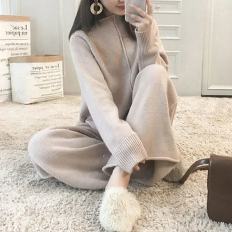 Two Piece Sets Women Knit Suit Turtleneck Full Sleeve Sweaters Midi Waist Loose Long Pants Set Autumn Splice Casual Suits