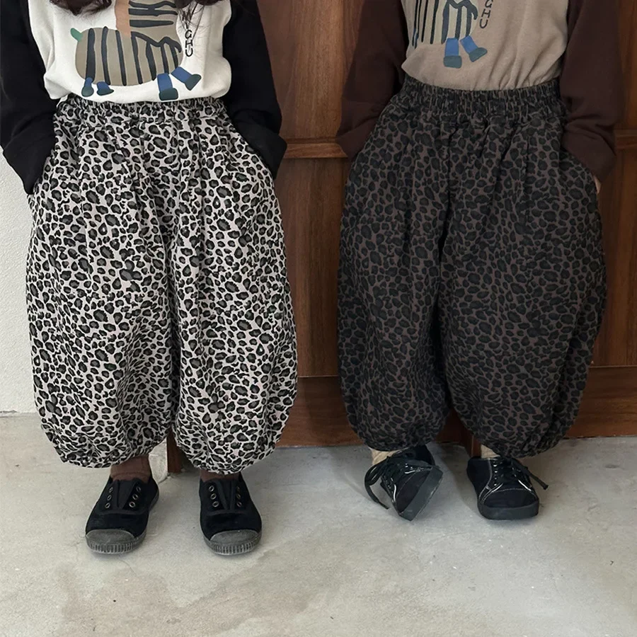 LILIGIRL 2025  Autumn Kids Pants Corduroy Girls Trousers Vintage Style Loose Leopard Pants Ankle Length Chidren Clothing
