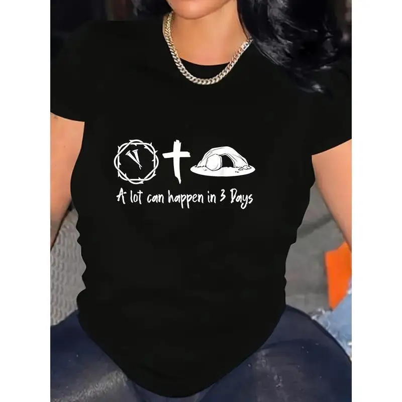 

Title: Women's Jesus A Lot Can Happen in 3 Days Crown of Thorns Cross Graphic Tee Shirt Casual Christian Religious Tops