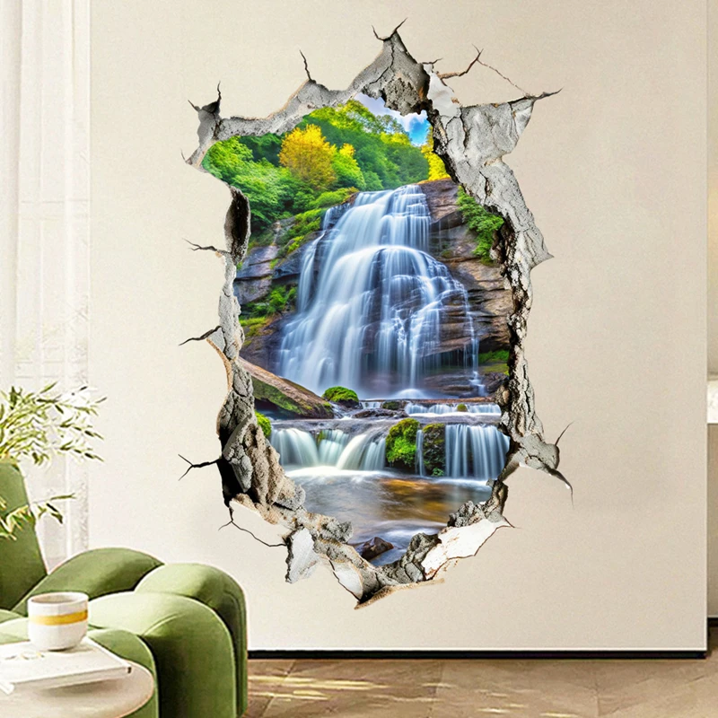 Rock Waterfall Wall Hole Art Green Mountain Clear Water Vinyl Mural Stickers Self Adhesive for Home Decoration Aesthetic Rooms
