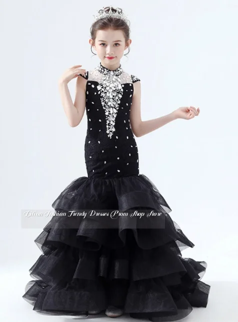Vestidos de niña de flores con cuello alto de cristal de tul de sirena negra personalizados vestidos de fiesta para niños vestidos de fiesta de cumpleaños Ángel bebé