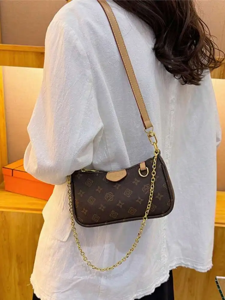 Women s Floral Pattern PU Leather Mahjong Bag Retro Crescent Crossbody Shoulder Bag With Long Chain Strap And Zipper