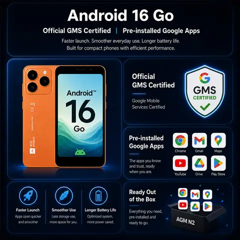 AGM N2 Mini Smartphone Compact Size 4.96' Display 3GB 32GB 3000mAh Removable Battery Android 16 GO System Lightweight Phone