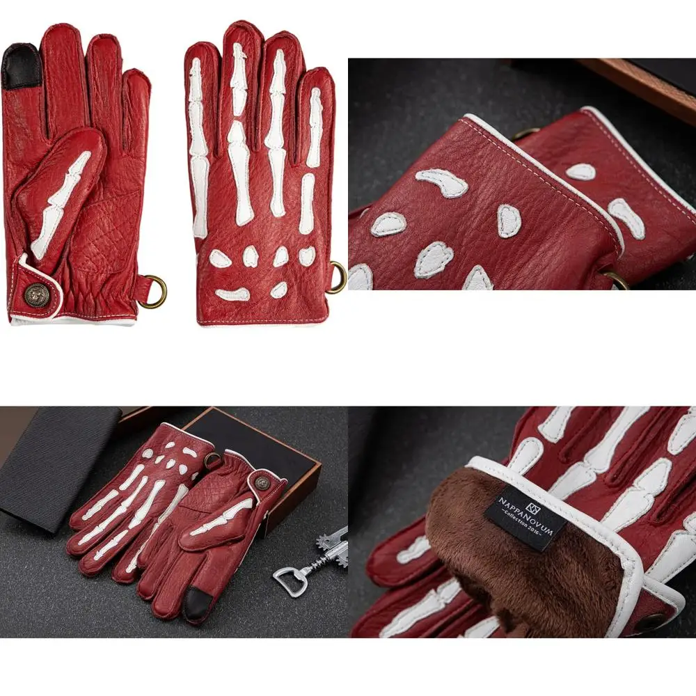 

Deerskin Leather Motorcycle Gloves with Non-Slip Skeleton Design for Men - Warm Lining for Winter Cycling and Riding