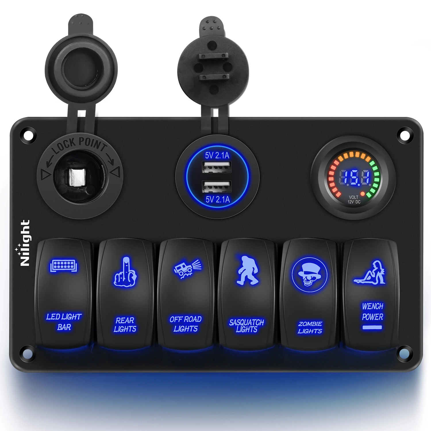 Nilight 6 Gang Rocker Switch Panel Laser Etched Aluminum LED Light Bar with Cigarette Lighter and Dual USB Charger Voltmeter for 12V-24V Cars Trailers UTV Boats RVs Campers