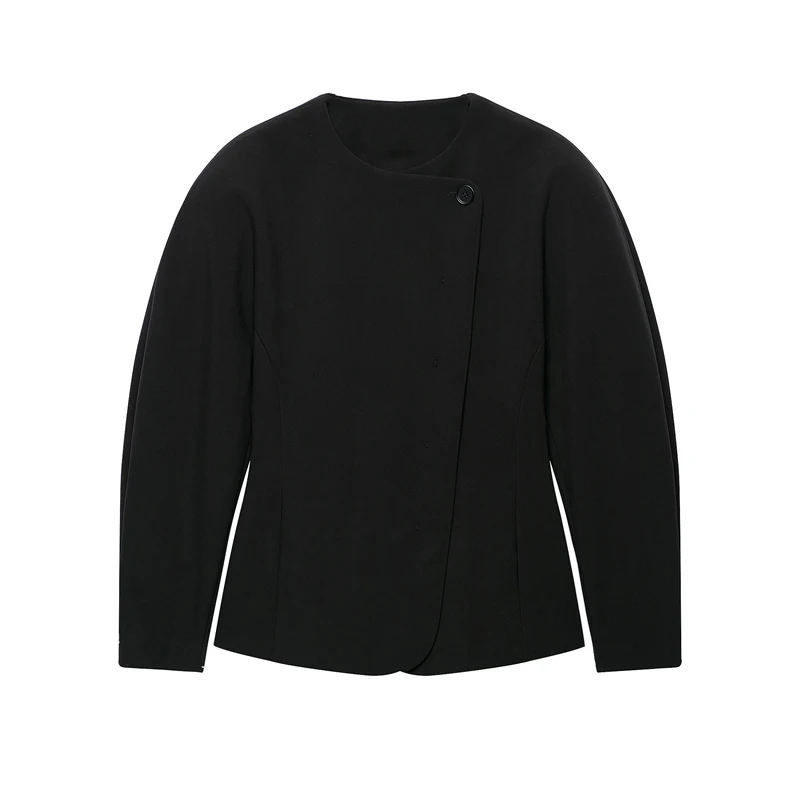 Guobioziy 2026 Autumn Daily Women Collarless Round Neck Jacket Asymmetric Button Long Sleeve Slim Fit Business Casual Coat