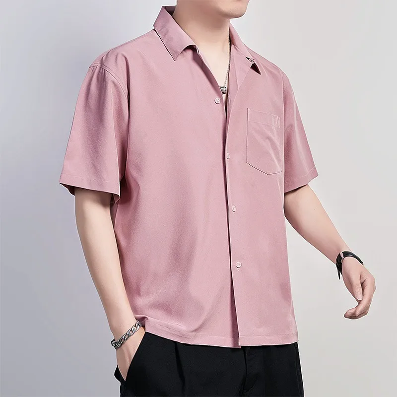 Camisa de seda de hielo para hombre, cárdigan informal de manga corta, cuello cubano fino, Tops de lujo, camisas sueltas de Color sólido, versión japonesa, Verano