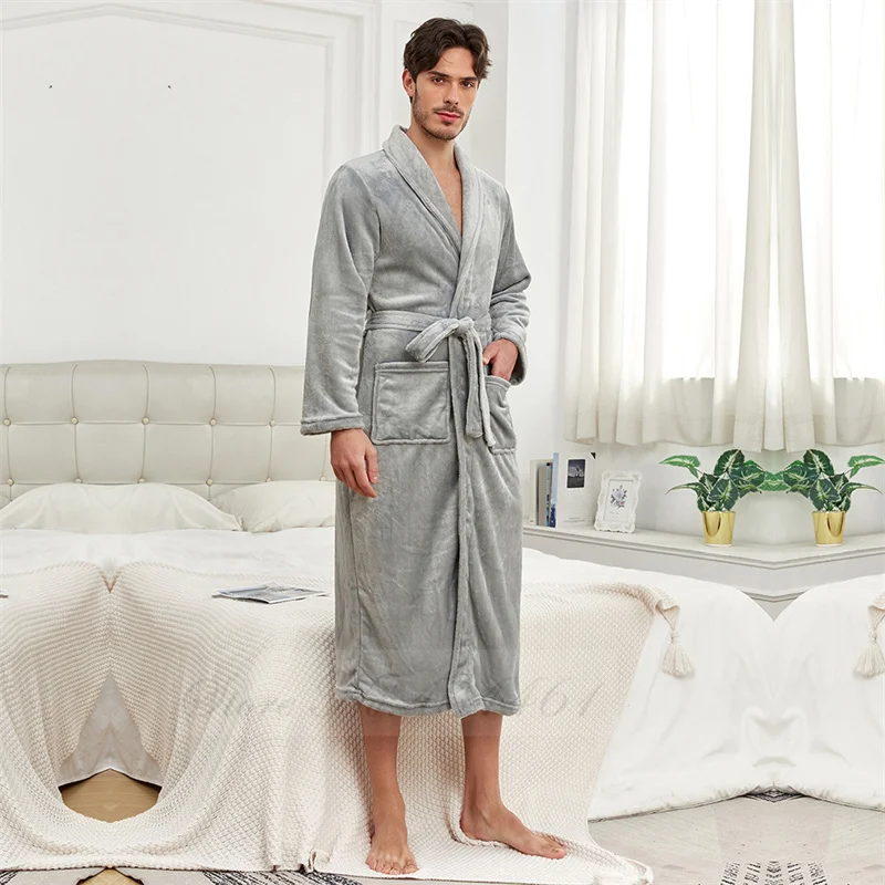 Winter Flannel Men's Long Robe Sleepwear Thicken Warm Coral Fleece Kimono Bathrobe Gown Lounge Wear Loose Nightwear Home Clothes