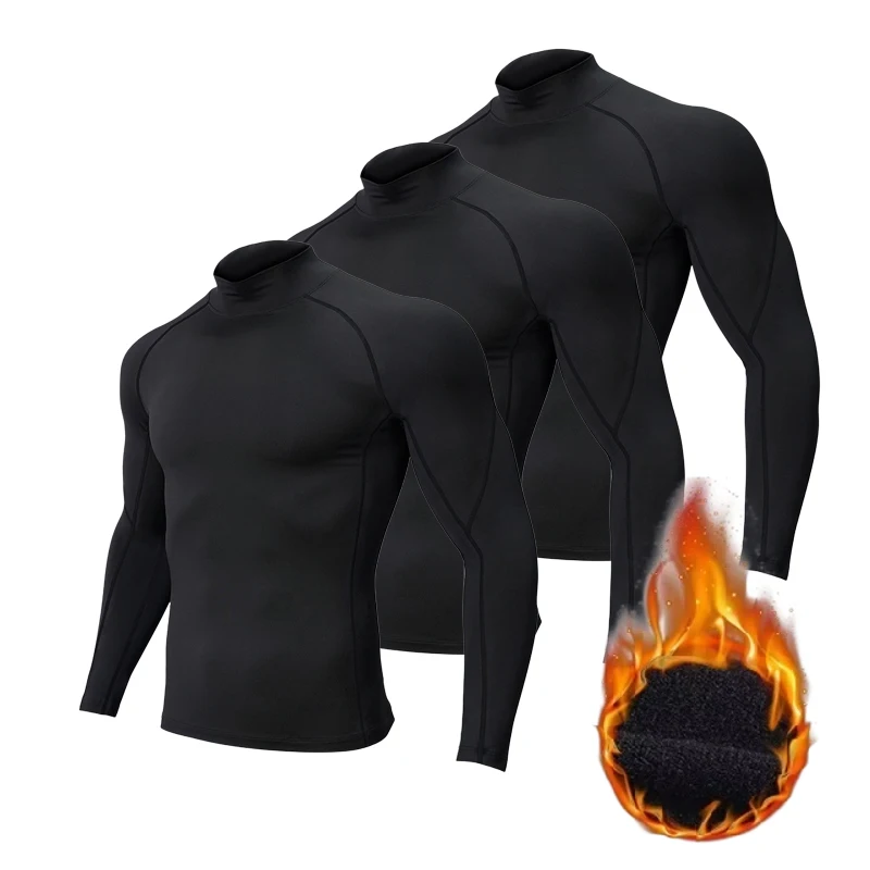 3er-Pack Herren-Fleece-Langarmshirt mit hohem Kragen, kompressionsaktiv, elastisch, eng anliegend, als Sportunterwäsche für Herbst und Winter, warm, ideal für Fitnessstudio und Sport. – Detail 6