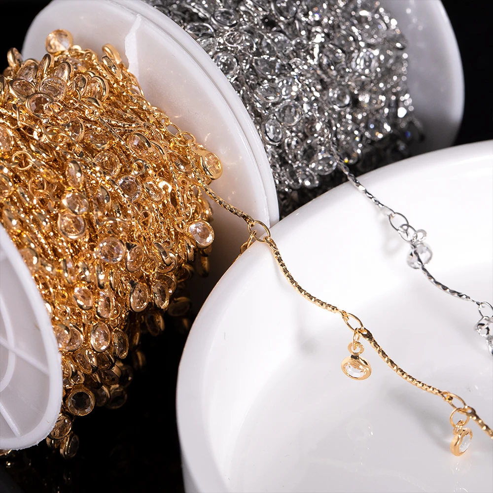 1M Clear Crystal Round Beaded Chains Non-slip Slender Curved Rollers Copper Chain for DIY Necklace Bracelet Cloth Jewelry Making