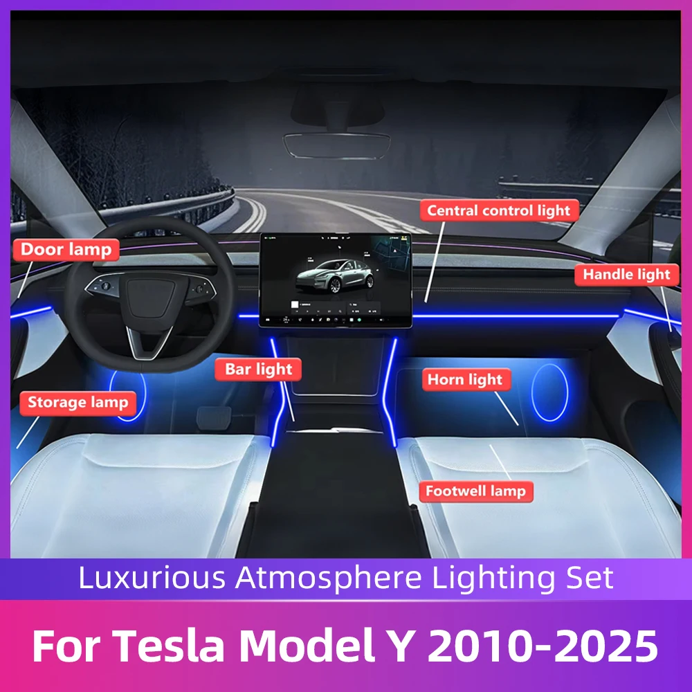 For Tesla Model Y 2010-2025 Car Interior Ambient Light RGB 64 Colors LED Energy Saving Efficient Lamp Kit APP Music Control