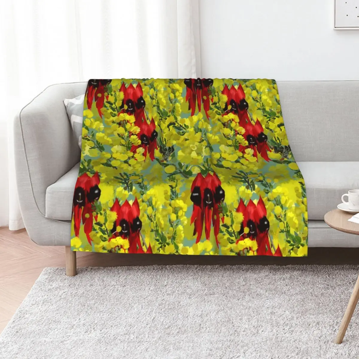 Wattle-It-Be' Wattle and Sturt Desert Pea Native Flower Seamless Textile Design Throw Blanket Bed Loose Blankets