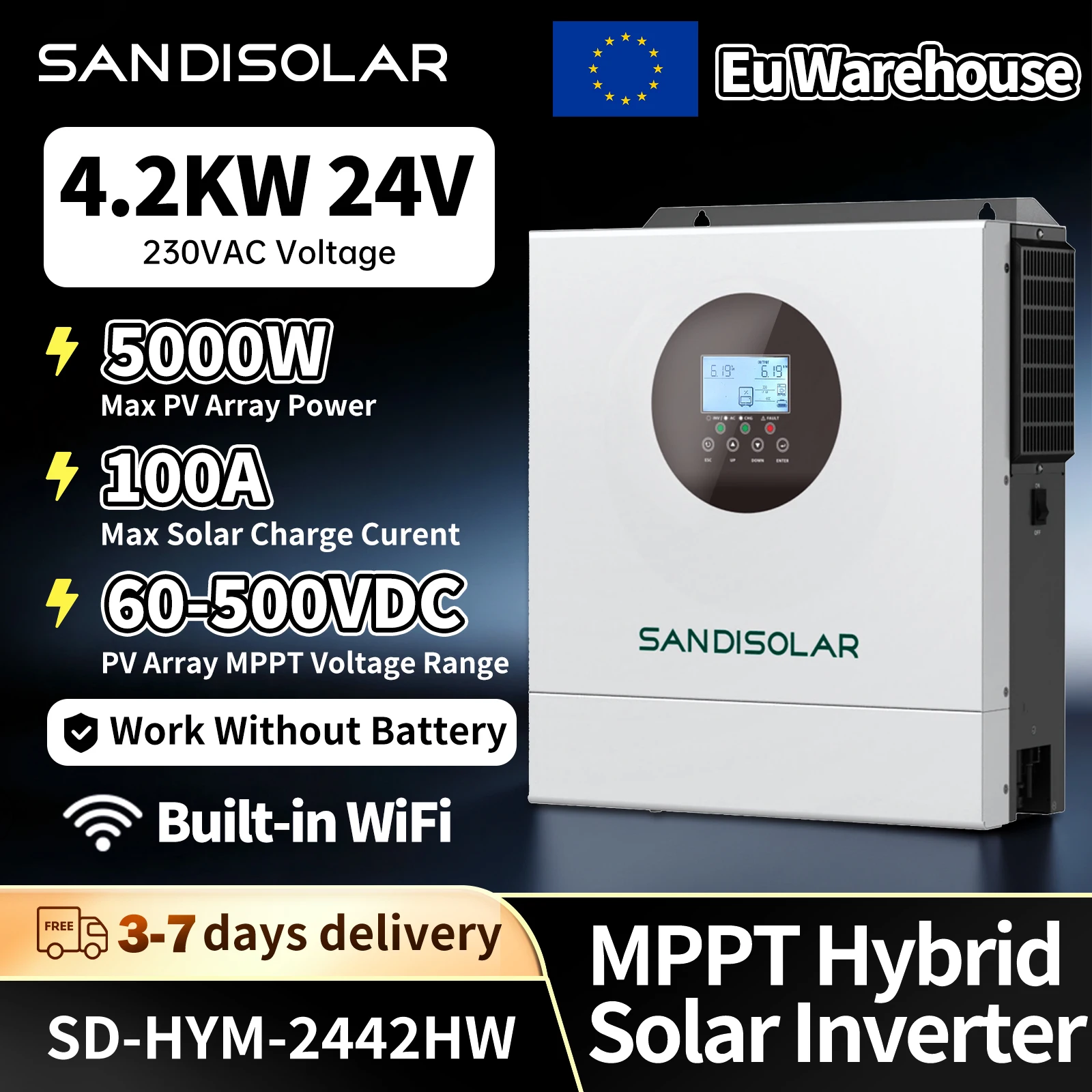 Convertisseur solaire hybride SANDISOLAR 4200W 4.2KW 24V à onde sinusoïdale pure, contrôleur de charge solaire MPPT 100A, hors réseau 230VAC pour l'énergie solaire domestique