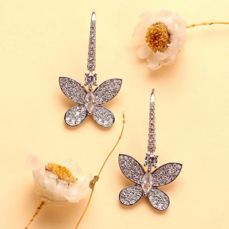 

Designer Collection Style Women Lady Plated Silver Color Inlaid Full Cubic Zircon Butterfly Dangle Ear Hook Earrings