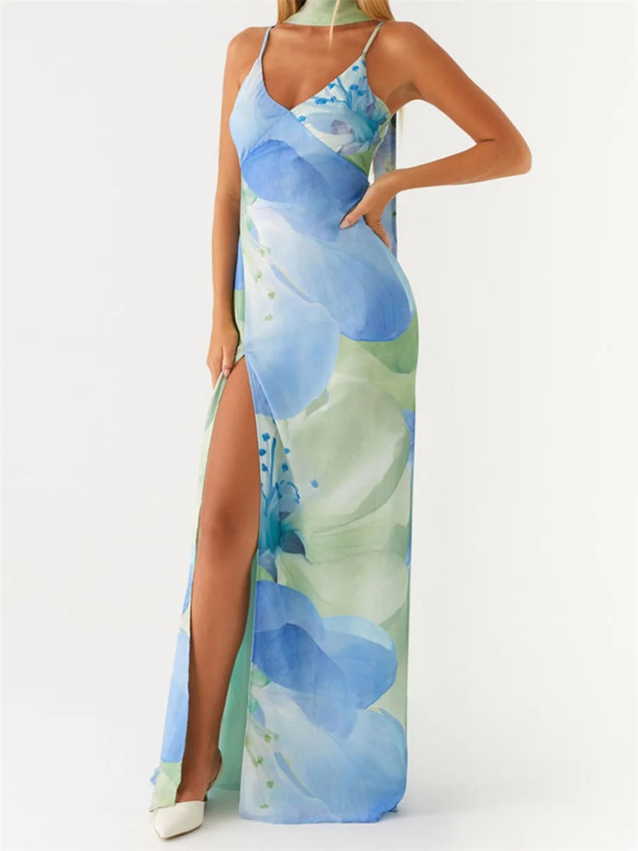 Nuevo vestido largo con cordones y espalda descubierta sin mangas con estampado Floral, vestido Sexy ajustado de verano, trajes elegantes para fiesta de vacaciones, venta al por mayor S-XL