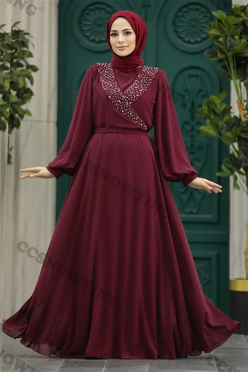 Vestido De noche musulmán De manga larga, chifón islámico con cuentas, cuello alto, Hijab, vestido De fiesta Formal árabe, Dubái, Wome