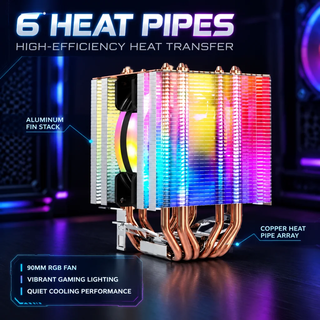 6 Heat Pipe 90mm RGB CPU Cooler 4Pin PWM Tower Silent Cooling Fan for Intel LGA 2011 X79 X99 115X 1200 1700 AMD AM3 AM4 AM5