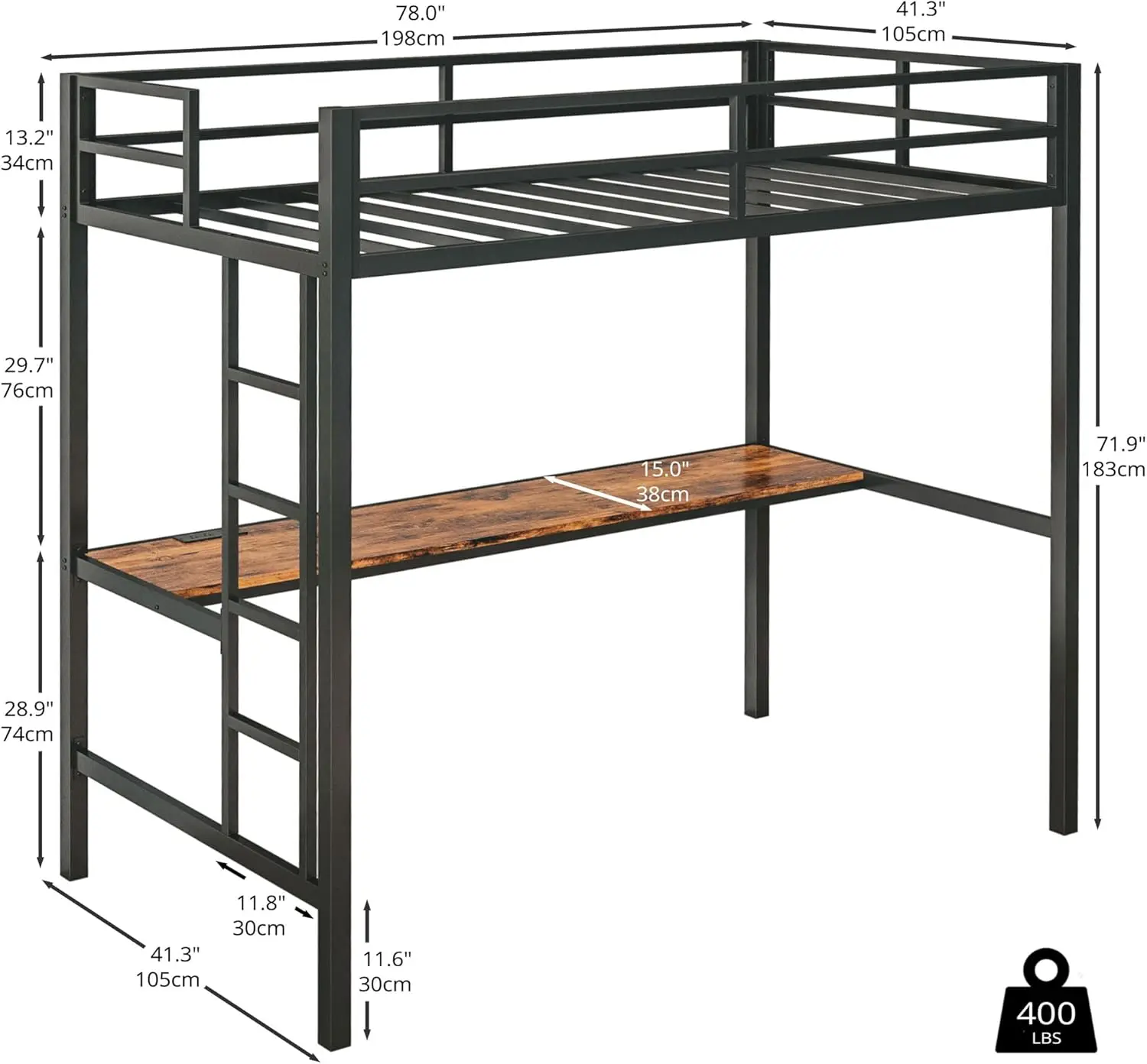 Loft Bed Twin Size with Desk, Metal Loft Bed Frame with Power Outlet and LED Lighted, Space-Saving, Noise Free, Black