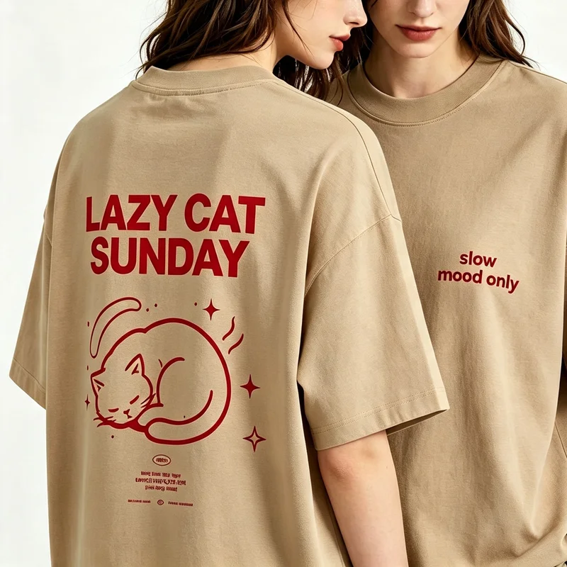 Women Lazy Cat Sunday Graphic T Shirt Sleeping Cat Print Short Sleeve Tees Casual Aesthetic Streetwear Female Summer Cotton Tops