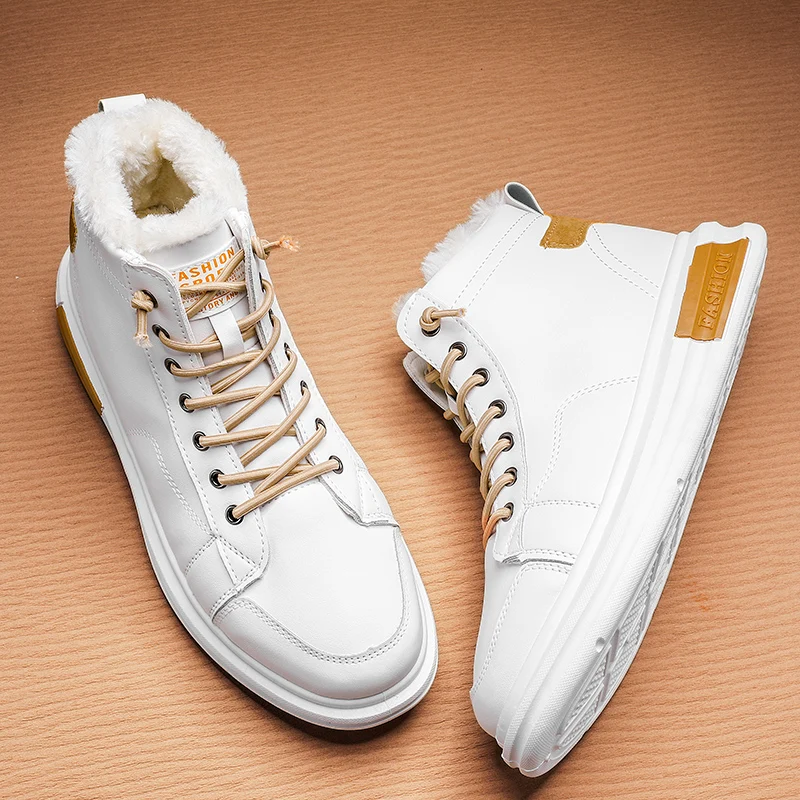 HKDQ Fur High Top Sneakers Men Winter Outdoor Warm Plus Velvet White Men\'s Casual Shoes Fashion Leather Lace-up Plush Shoes Man