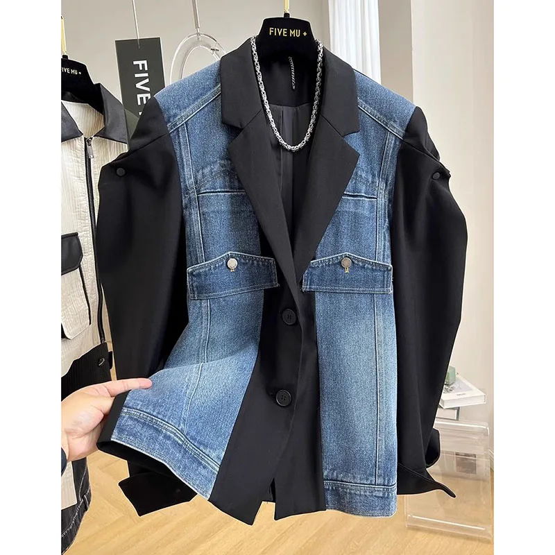 2024 New Fashion Spring Autumn Denim Splicing Blazer Women\'s Korean Long Sleeve Casual Elegant Ladies Suit Female Outerwear Tops