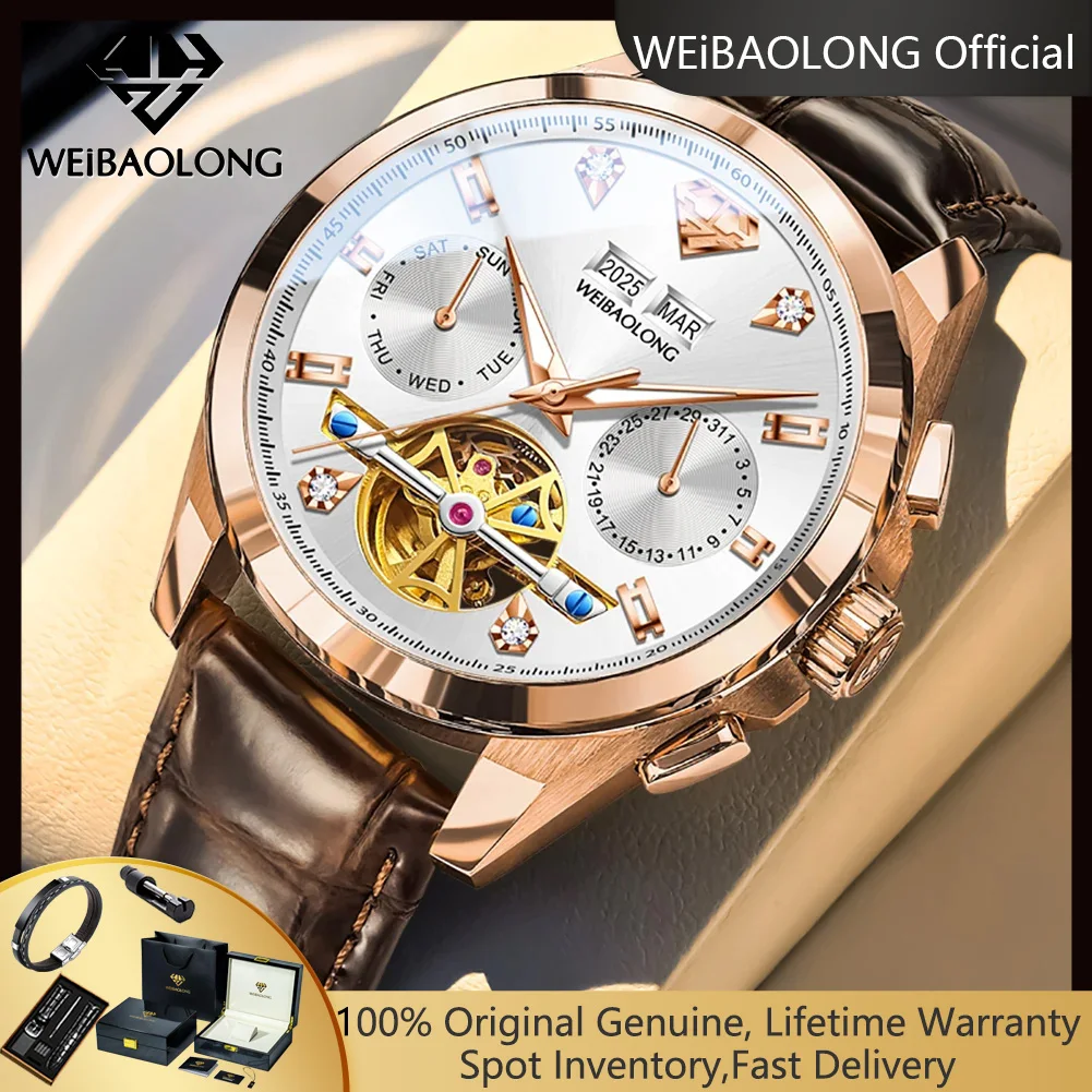 

WEiBAOLONG 3806, автоматические мужские часы с настоящими бриллиантами, маховик со скелетом, элитные роскошные оригинальные кожаные механические часы для мужчин